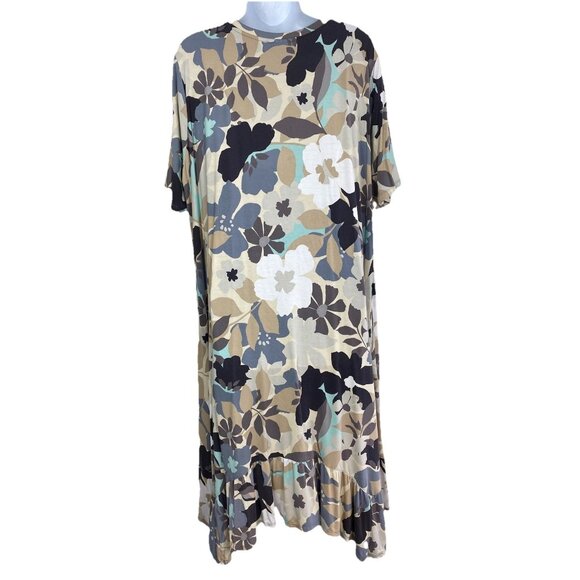 LOGO Lori Goldstein Dress Womens 1X Pockets Jersey Knit Stretch Blue Tan Floral - Picture 6 of 9